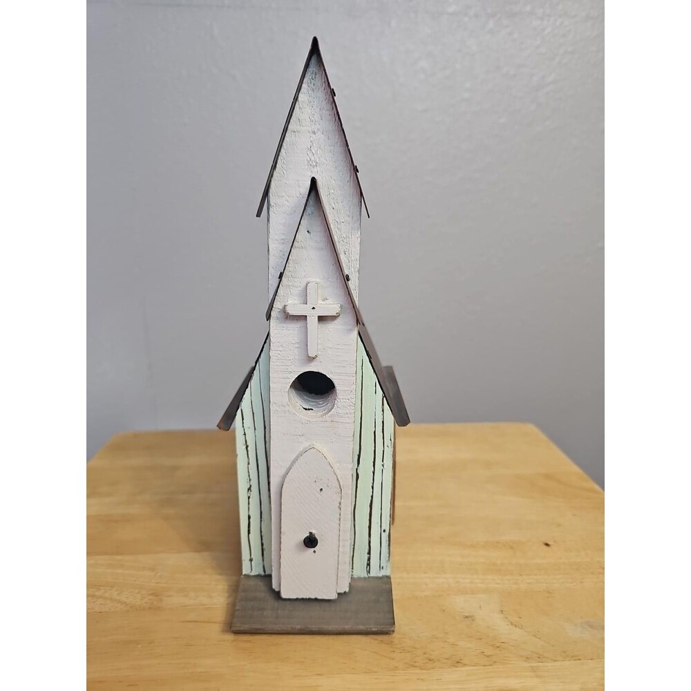 Rustic Church Birdhouse Wooden Cross Coastal Farmhouse Decor Shabby Chic